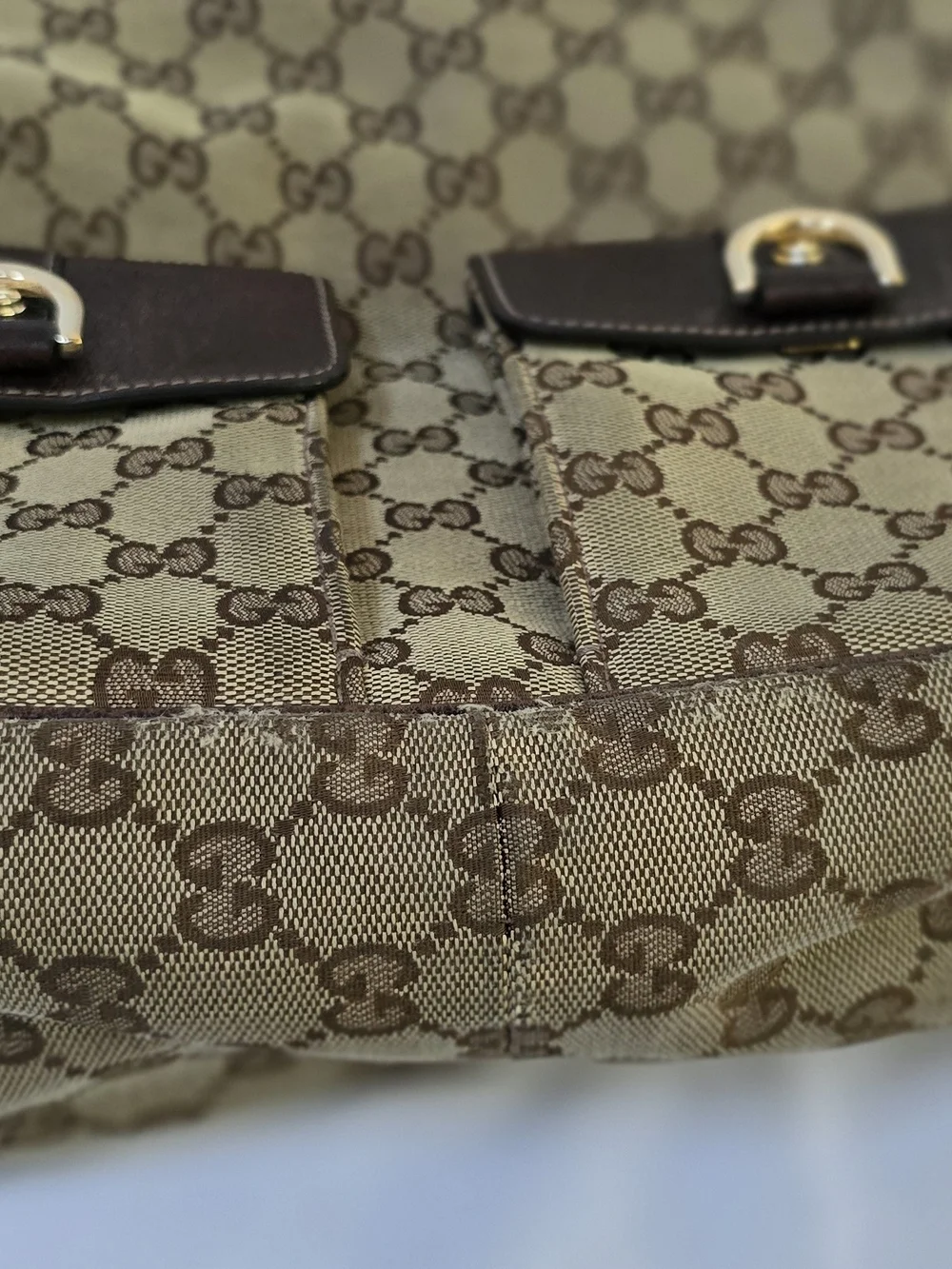 Gucci GG Monogram Canvas Double Pocket Hobo Bag Brown Leather Italy